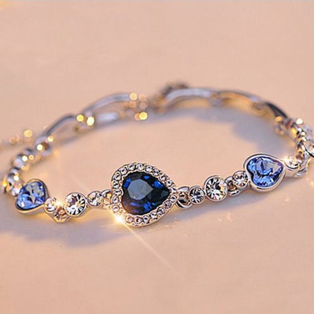 New Womens Heart Blue Sapphire Cubic Zirconia Silver Bracelet